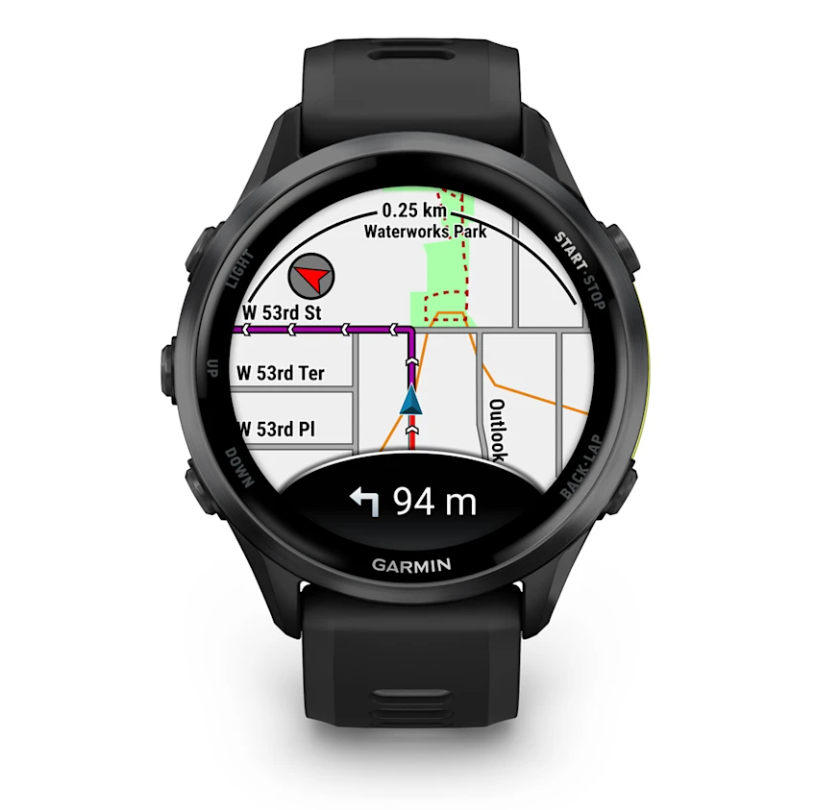 Garmin Forerunner 970 watch in black showing a detailed map with navigation directions on screen.