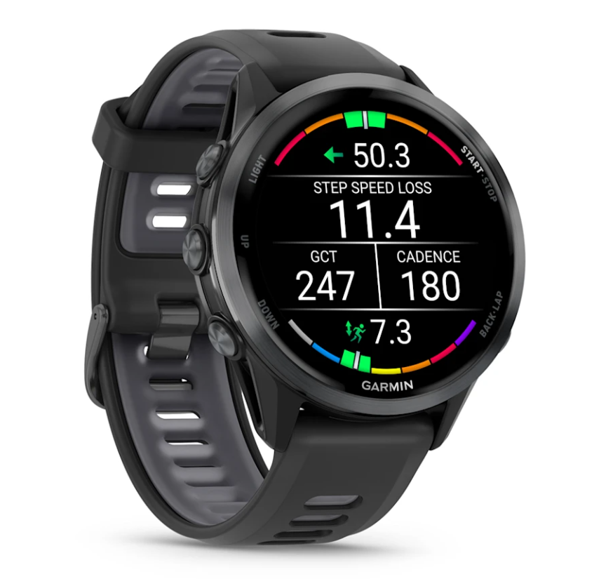 Garmin Forerunner 970 black smartwatch showing step speed loss, GCT, cadence, and running metrics on screen