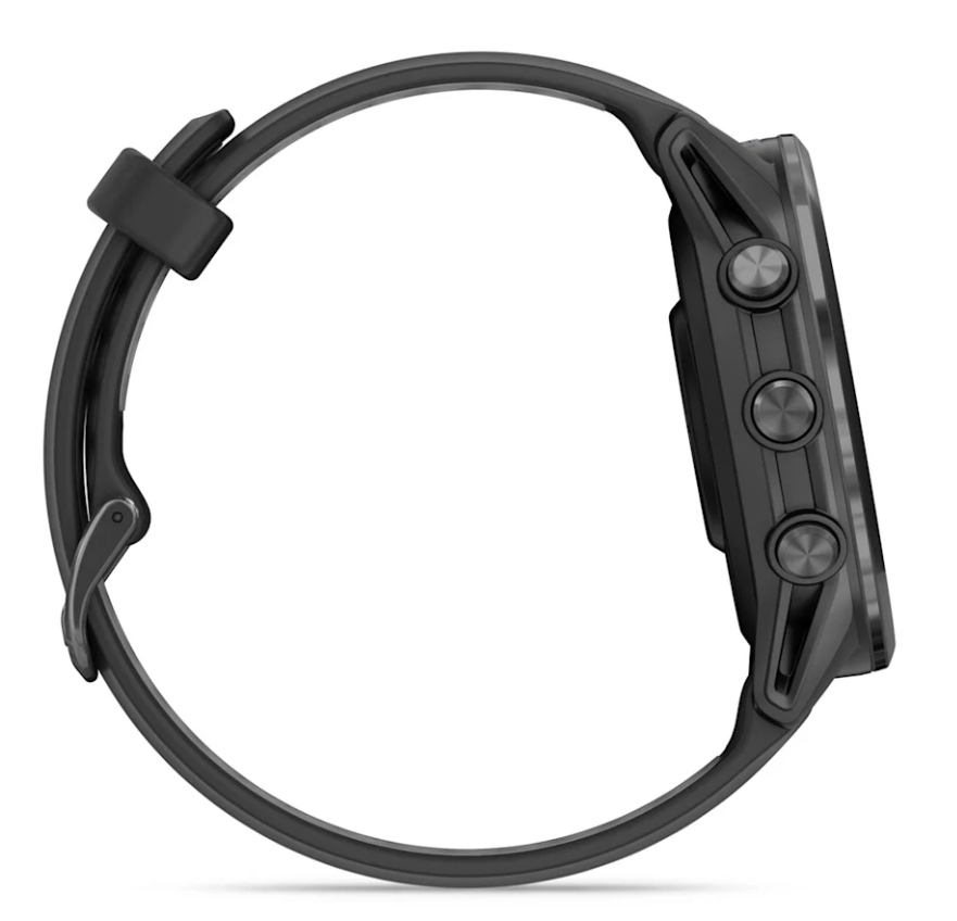Side view of Garmin Forerunner 970 smartwatch in black with three buttons on the case and black strap.