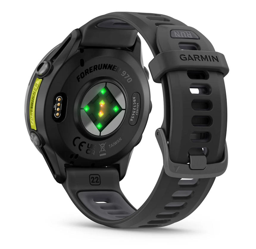 Back view of Garmin Forerunner 970 Black/Amp Yellow showing heart rate sensors and strap details.