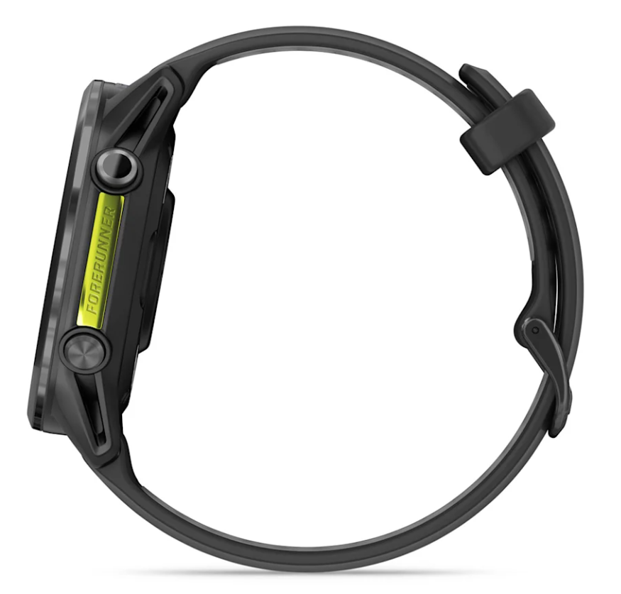 Side view of Garmin Forerunner 970 watch in black with amp yellow detail on the side buttons.