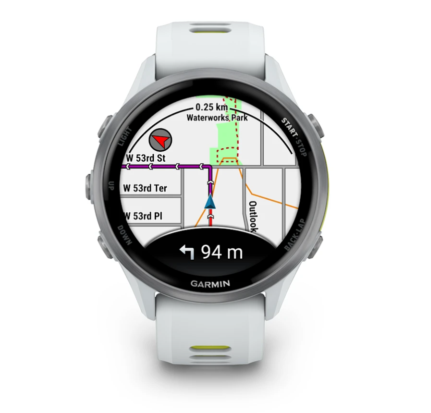 Garmin Forerunner 970 smartwatch in whitestone with map navigation showing a left turn in 94 meters.
