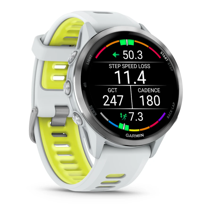 Garmin Forerunner 970 smartwatch with whitestone case and amp yellow inner strap showing running metrics on screen