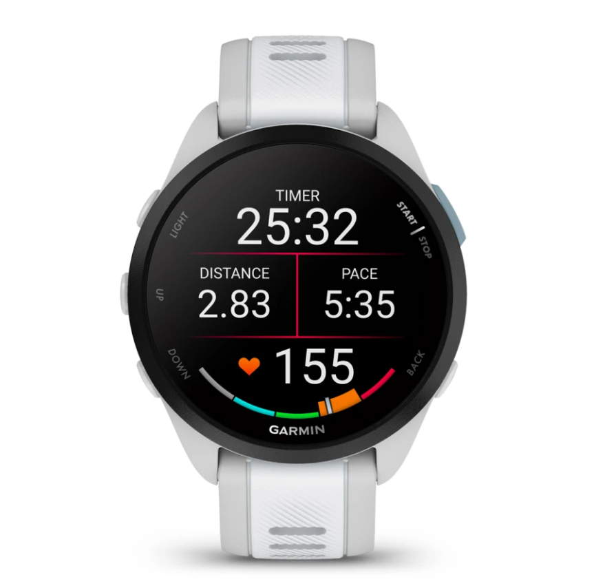 Garmin Forerunner 165 Music smartwatch in mist grey and whitestone showing timer, distance, pace, and heart rate on screen