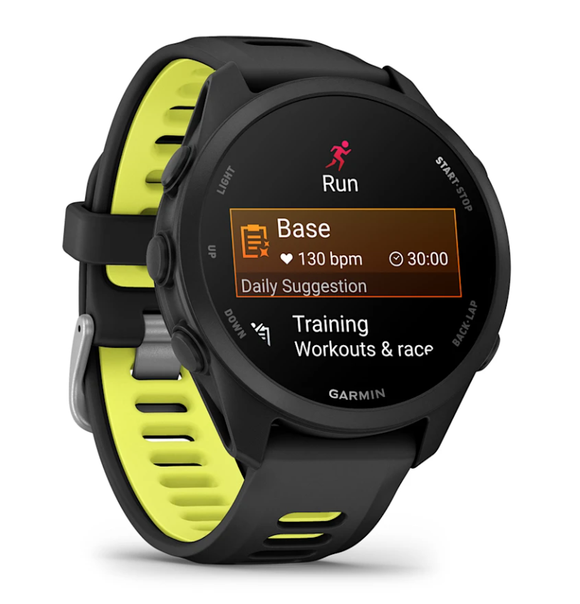 Garmin Forerunner 170 Music watch with black case, yellow inner strap, showing running workout screen.