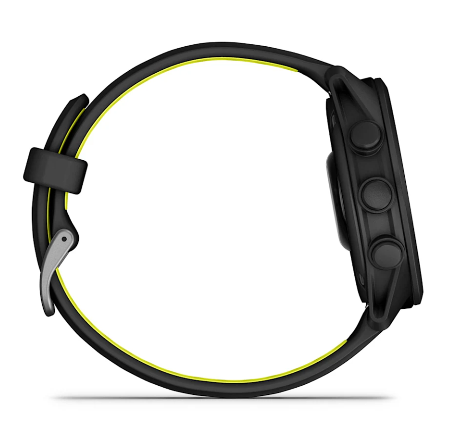 Garmin Forerunner 170 Music black sports watch shown from the side with three buttons and yellow inner strap lining.