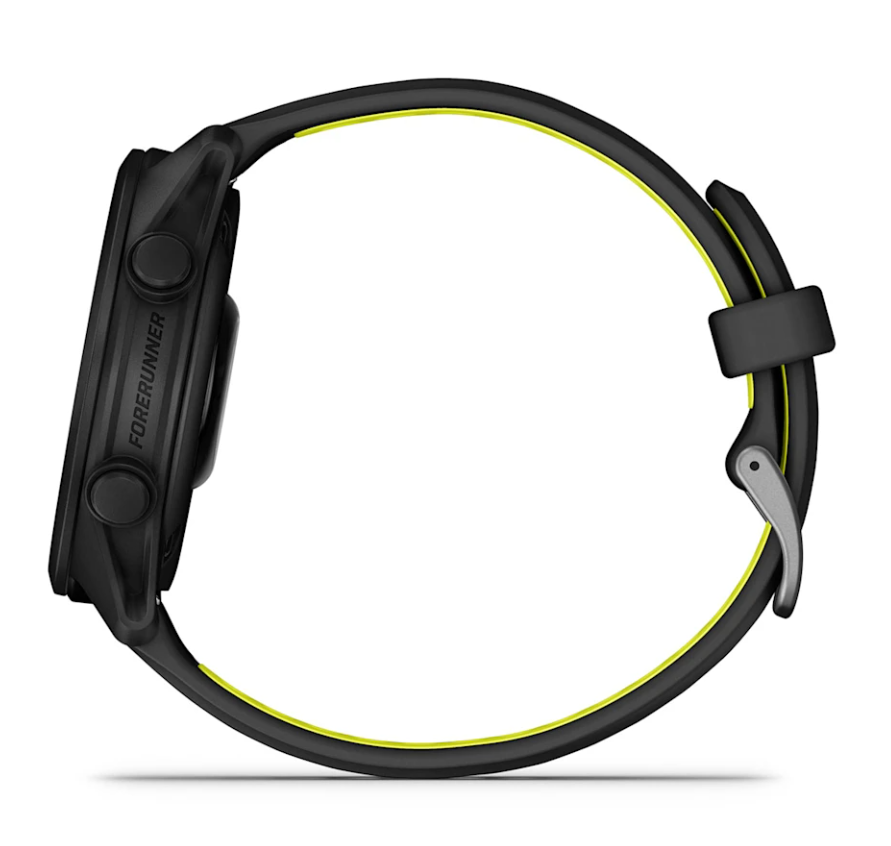 Side view of Garmin Forerunner 170 Music black sports watch with yellow-accented band and two buttons.