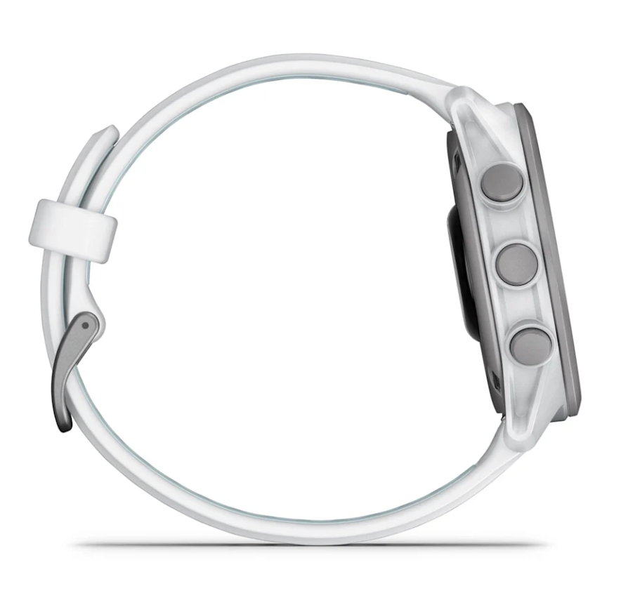 Garmin Forerunner 170 Music smartwatch in whitestone, side view showing three buttons and white strap.