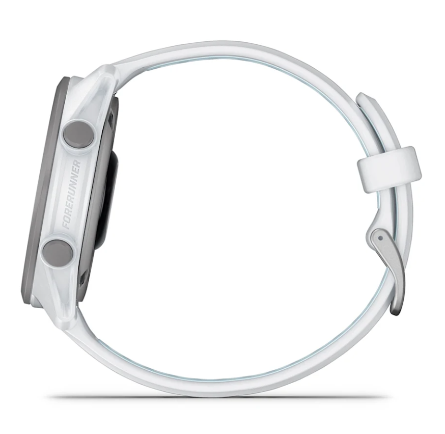 Side view of Garmin Forerunner 170 Music smartwatch in whitestone with visible buttons and strap buckle.