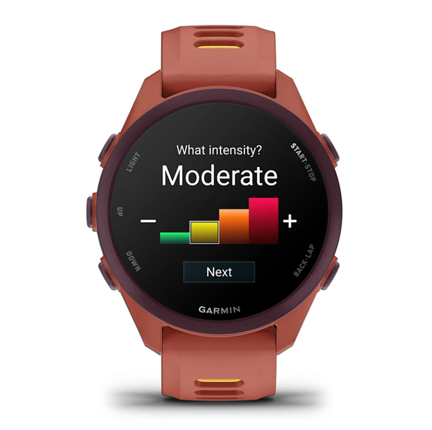 Garmin Forerunner 170 Music watch in red pink showing a moderate intensity workout screen with a color bar graph.