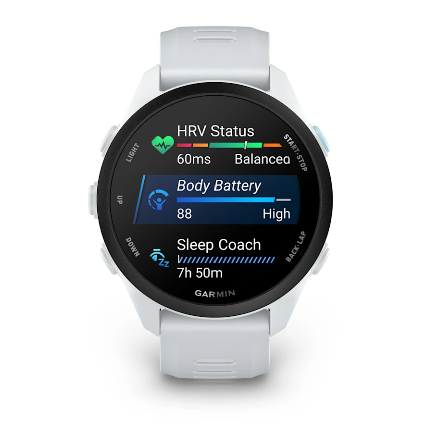 Garmin Forerunner 70 smartwatch in whitestone showing HRV status, body battery, and sleep coach metrics on screen.