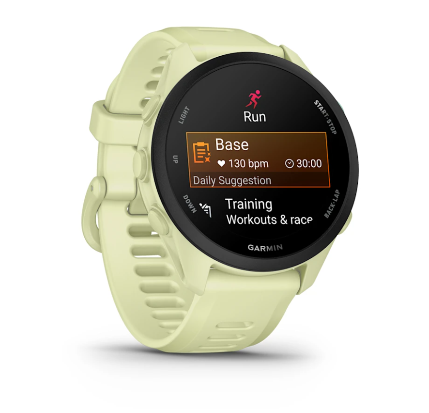 Garmin Forerunner 70 Citron smartwatch showing running mode with heart rate and training suggestions on screen