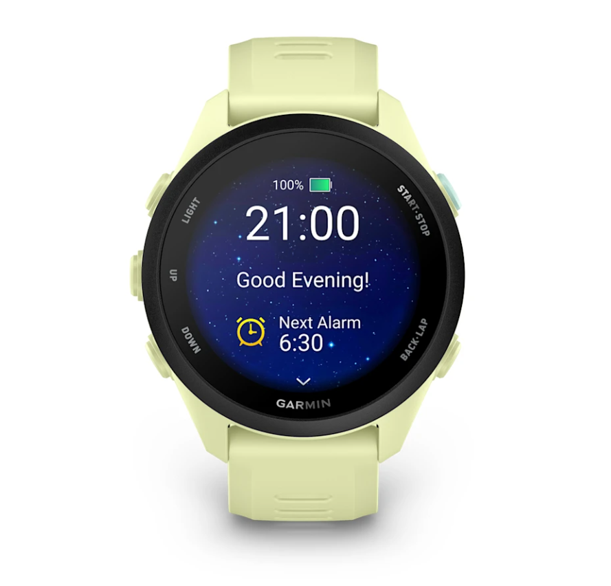Garmin Forerunner 70 smartwatch in citron with digital display showing 21:00, battery, and alarm info.