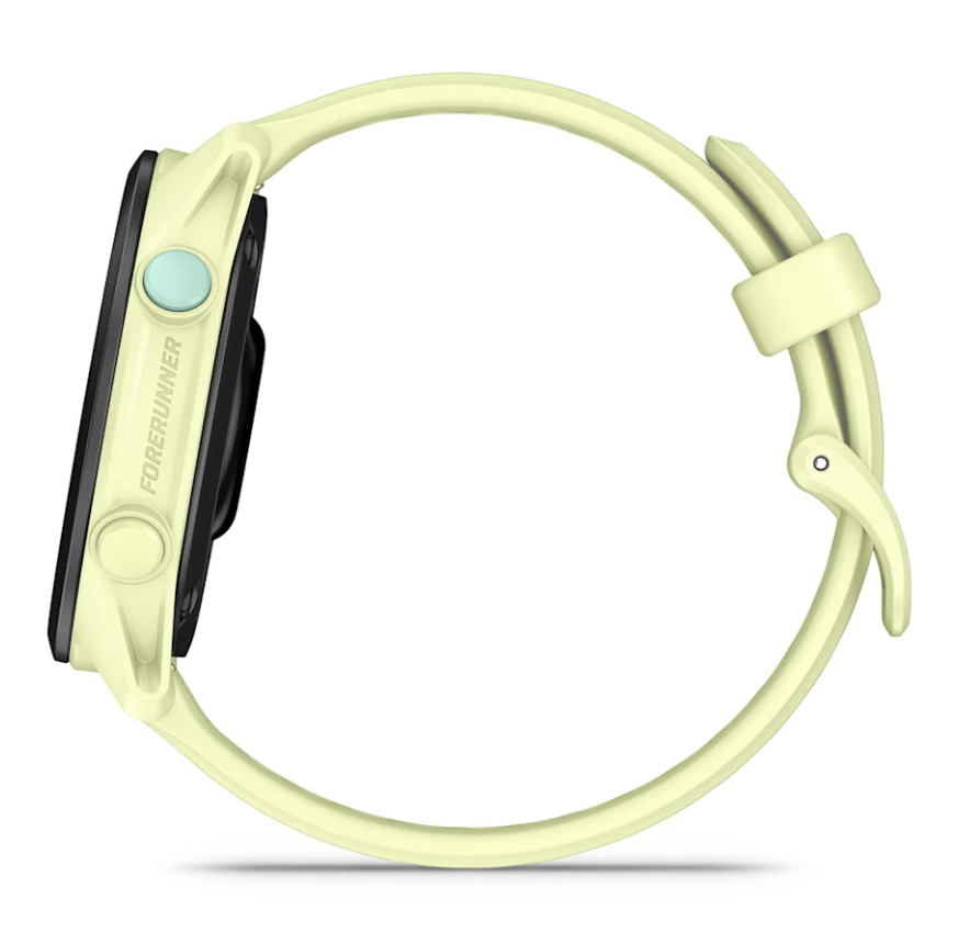 Side view of Garmin Forerunner 70 smartwatch in citron with two buttons and a buckle strap