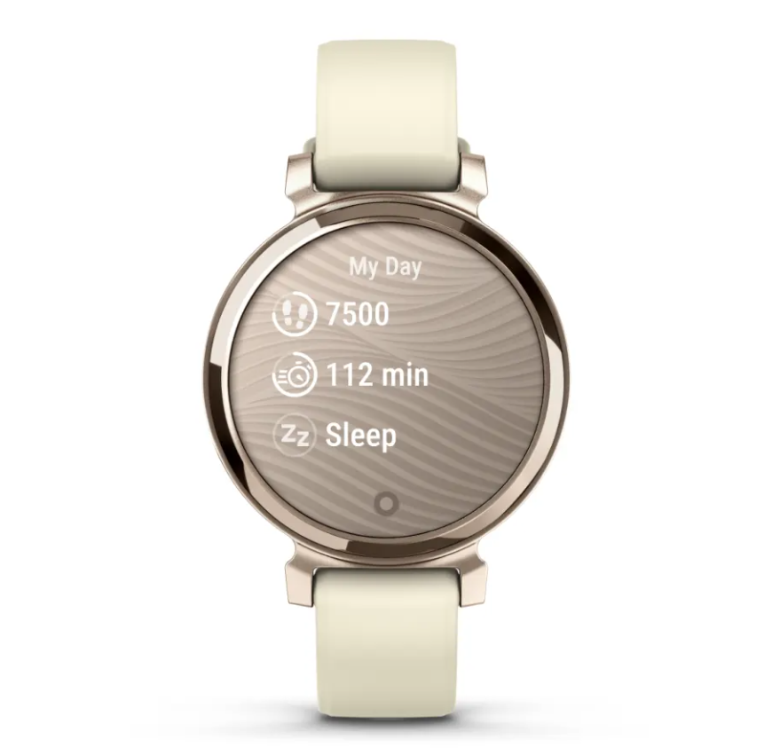 Garmin Lily 2 smartwatch with cream gold case and coconut silicone band showing daily steps, active minutes, and sleep stats.