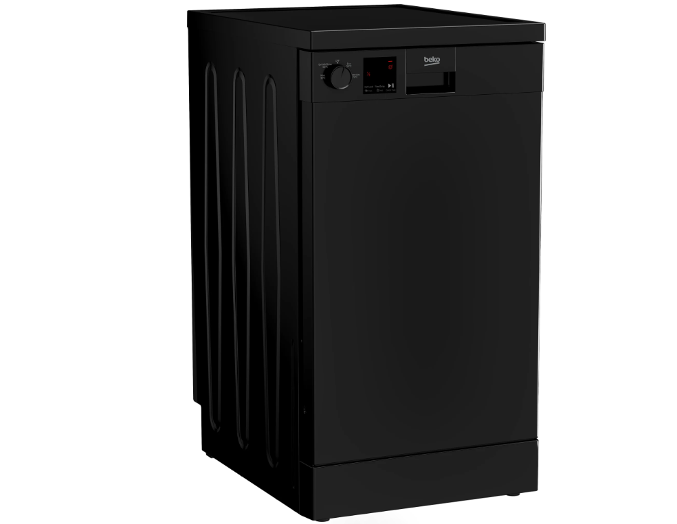 Beko Slimline black dishwasher with control dial and digital display on the front panel