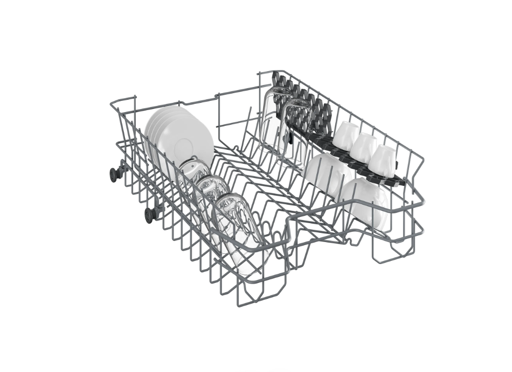 Dishwasher rack with plates, glasses, and cups arranged inside, part of Beko Slimline Dishwasher 10 Place Black.