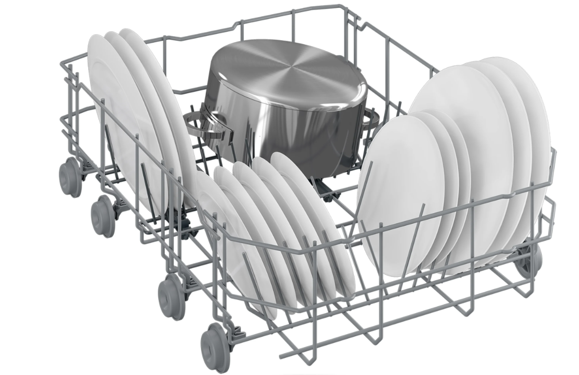 Dishwasher rack loaded with white plates and a stainless steel pot, showing capacity and layout.