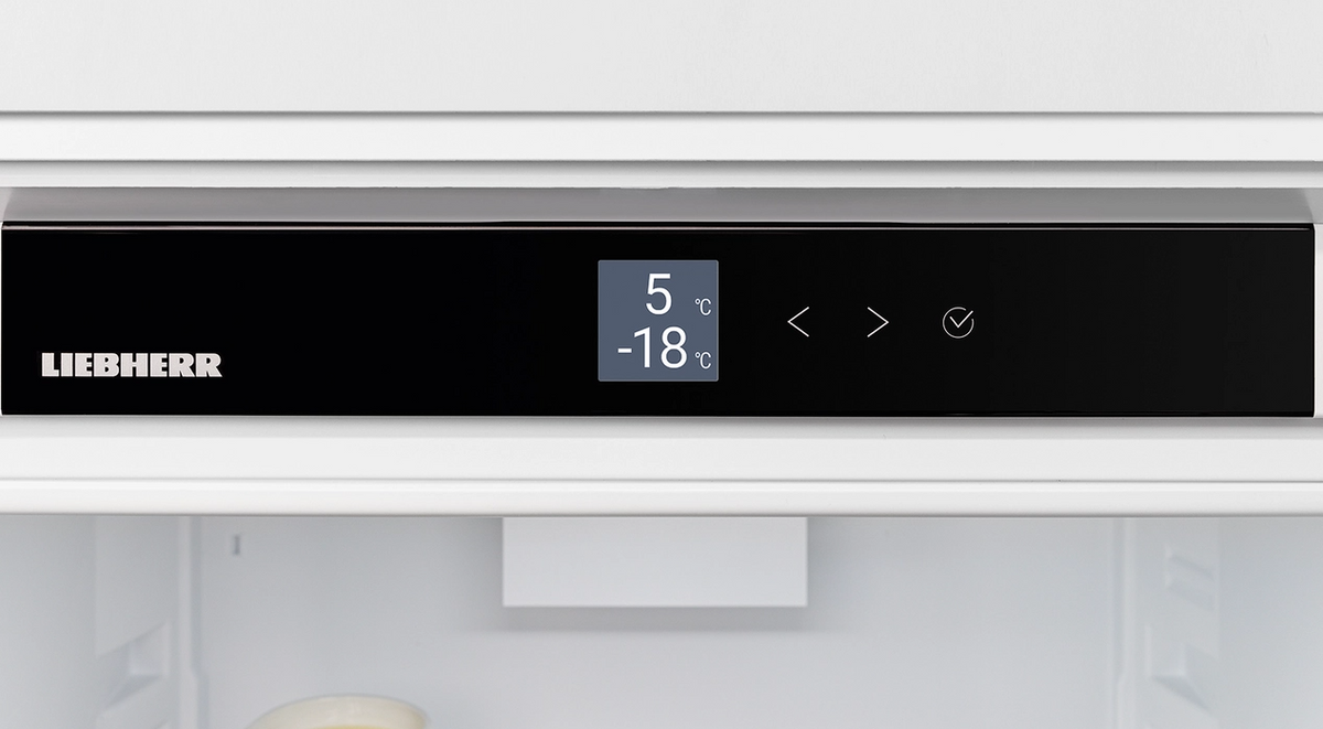 Close-up of Liebherr Plus fridge digital temperature display showing 5°C and -18°C settings.