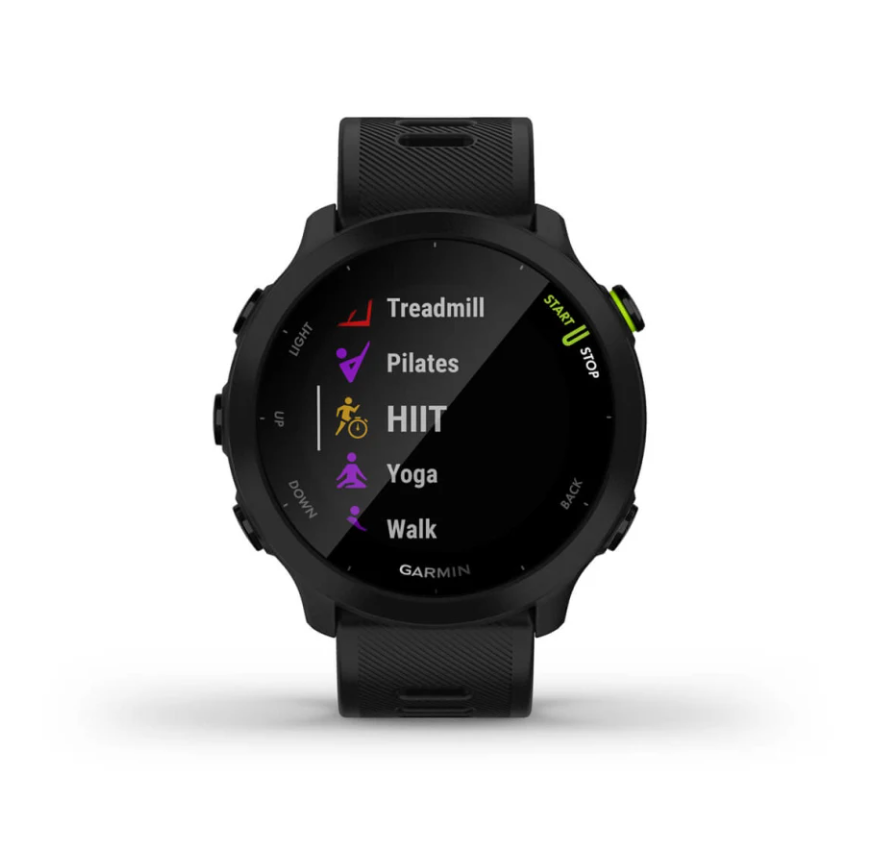 Garmin Forerunner 55 GPS watch in black showing workout options including Treadmill, Pilates, HIIT, Yoga, and Walk.