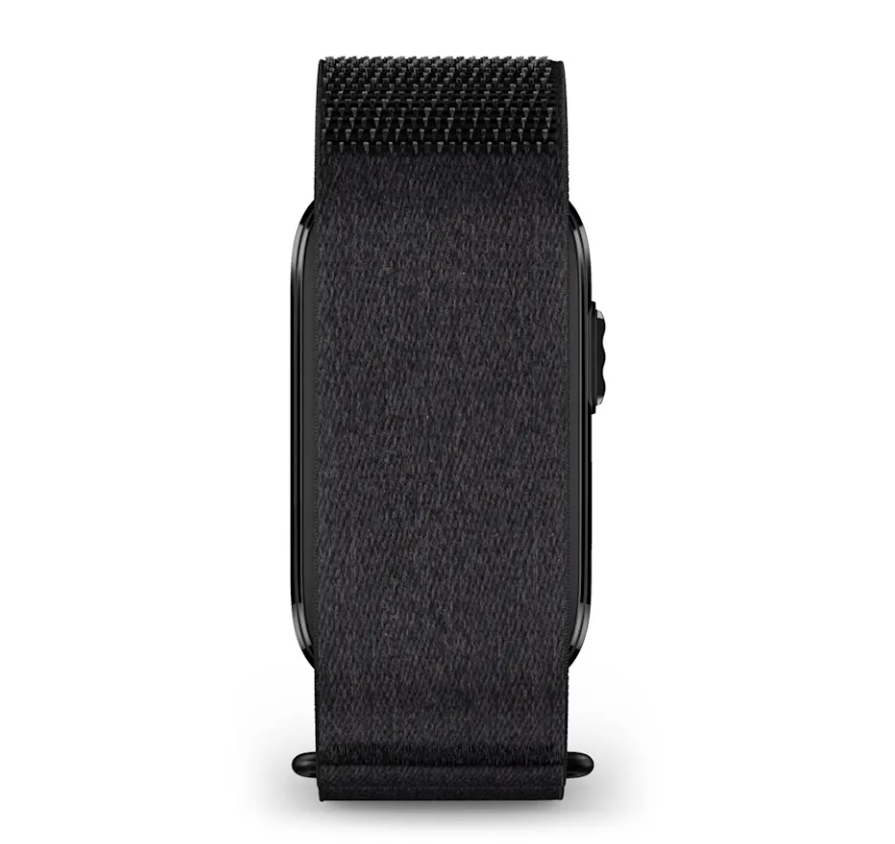 Garmin CIRQA Smart Band in black with fabric strap covering the screen, side button visible