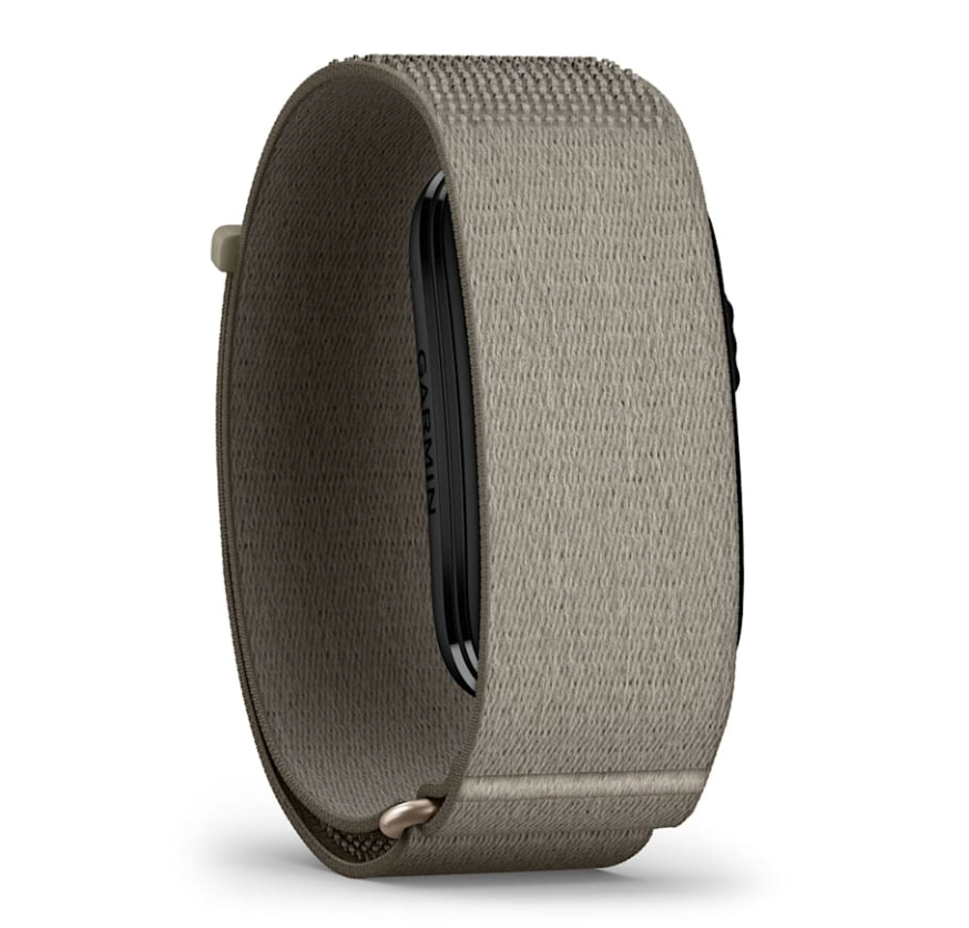 Garmin CIRQA Smart Band in French Grey with fabric strap shown from side angle