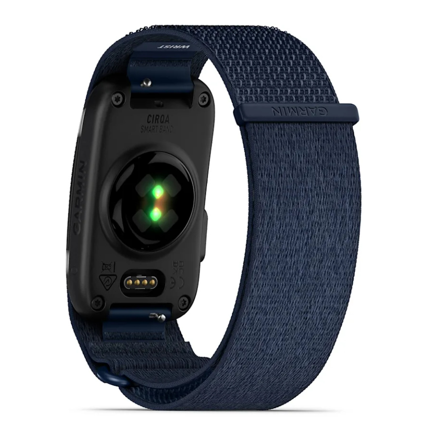 Garmin CIRQA Smart Band in Captain Blue showing the back with heart rate sensor and fabric strap.