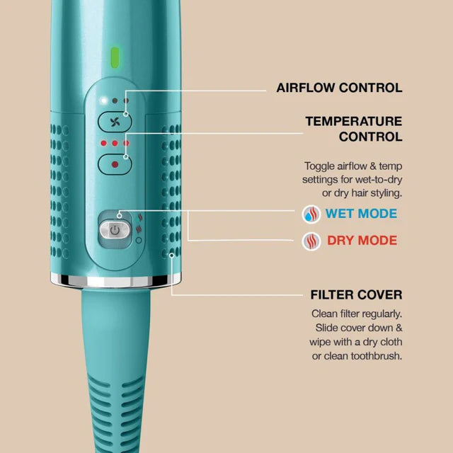 Close-up of Shark Glossi 2-in-1 Hot Tool and Air Glosser controls with airflow, temperature, and filter cover labels.