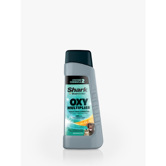 Shark StainStriker Oxy Multiplier 946ml removes tough stains and odors, ideal for pet stains and spills – available at Keans