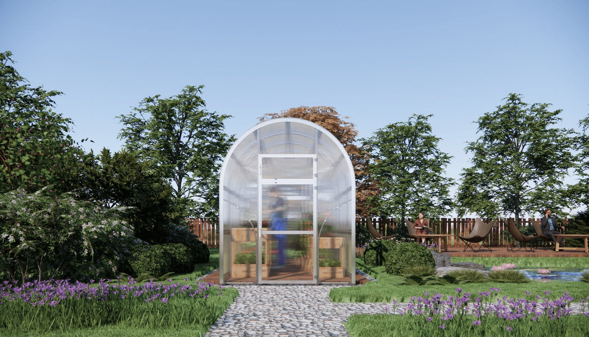 Front view of Sigma Lux 2m x 8m greenhouse with 6mm polycarbonate panels in a garden setting