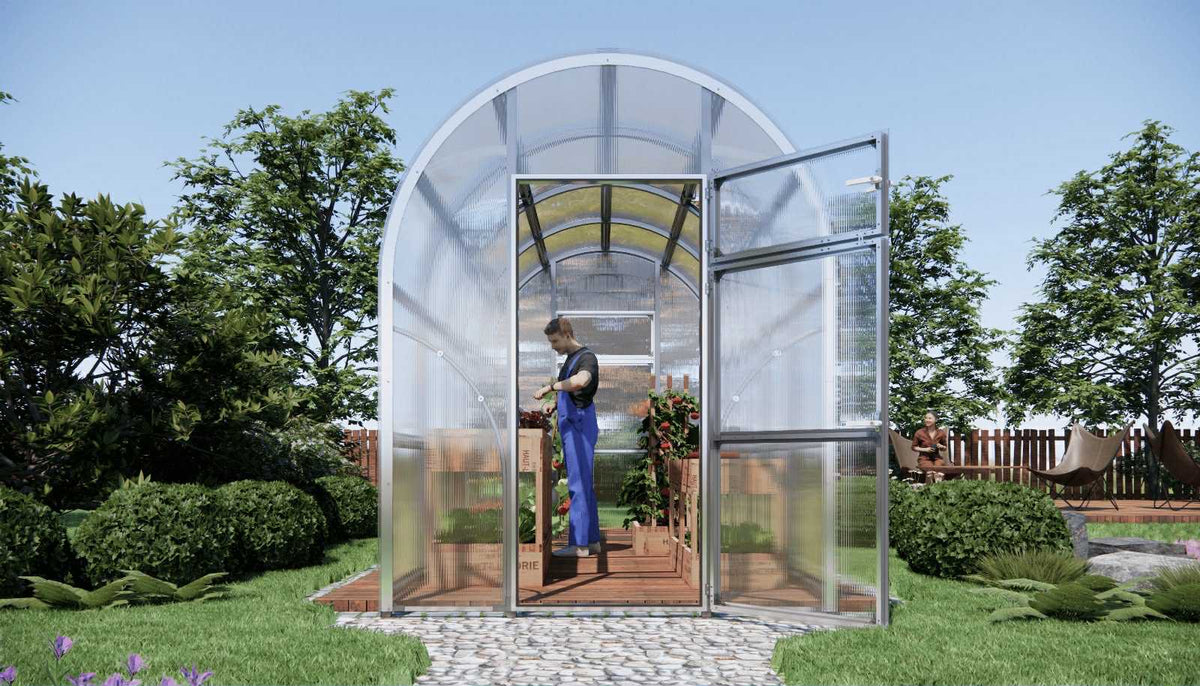 Front view of Sigma Lux 2m x 14m greenhouse with open door, showing person tending plants inside.