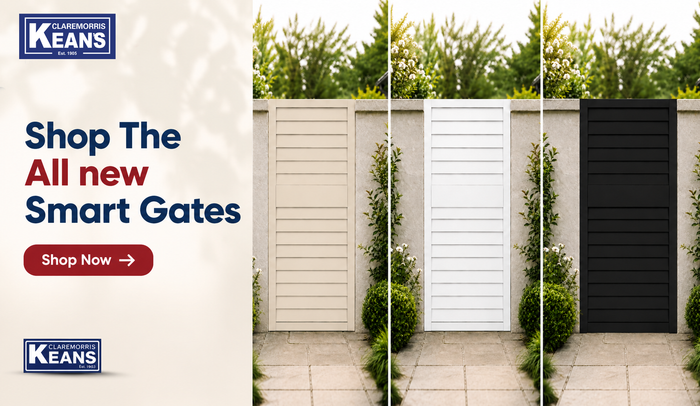 A promotional banner for smart gates showing four gate panels in different colors: beige, white, light gray, and black. The left side features marketing text reading 'Shop The All new Smart Gates' with a brown 'Shop Now' button.
