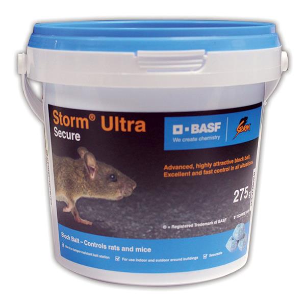 Storm Ultra Secure 275g rodenticide block with Flocumafen, single feed lethal dose, for rats and mice – available at Keans