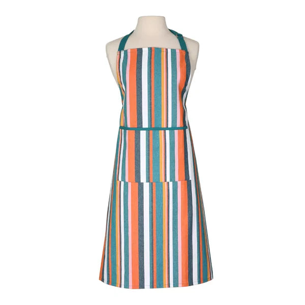 Striped teal recycled cotton adult apron with adjustable neck strap and front pocket by Keans Claremorris