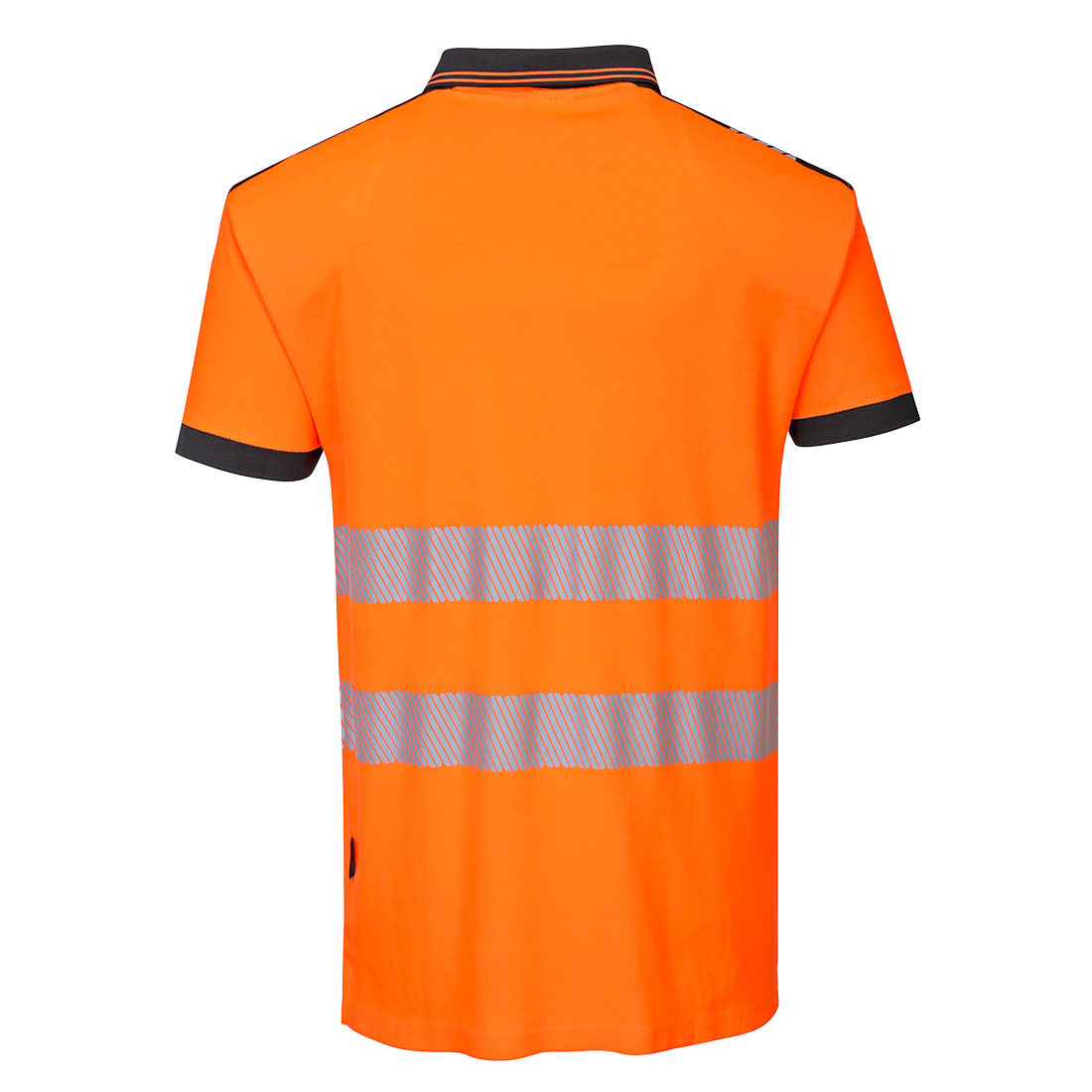 Back view of Portwest Hi-VIS Polo Shirt in bright orange with two reflective stripes and black collar trim