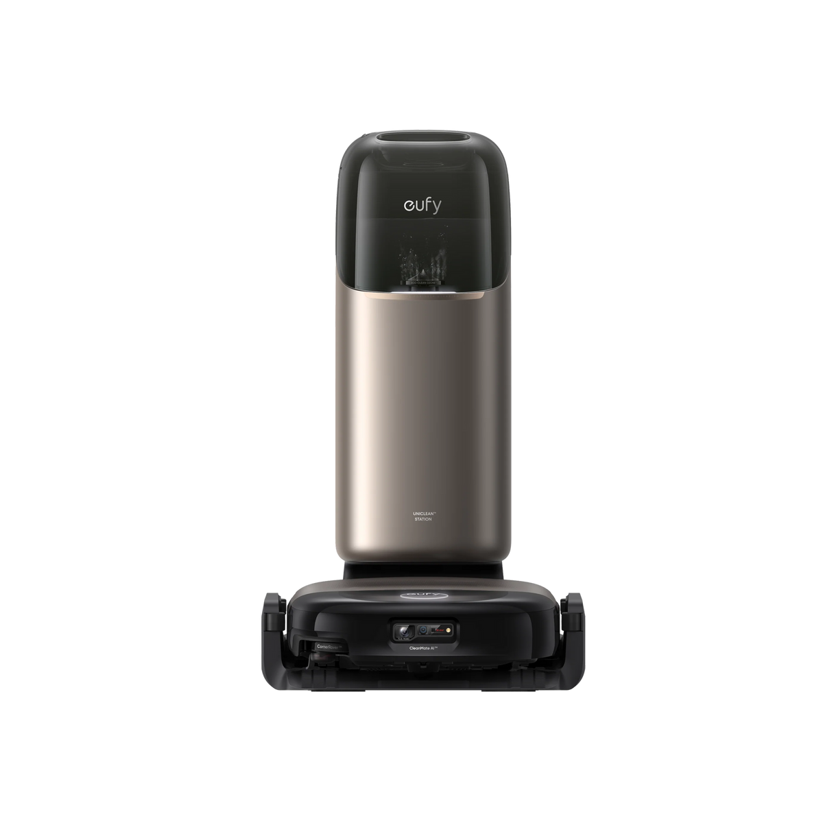 Eufy Robot Vacuum Omni S2 in black with a tall, sleek silver charging station behind it on a white background.