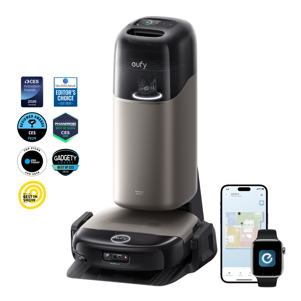 Eufy Robot Vacuum Omni S2 in black with charging station, smartphone app, and smartwatch controls visible.