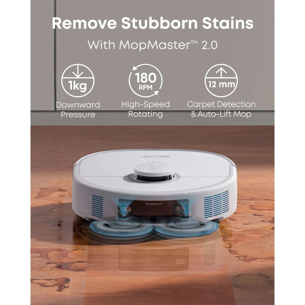 Eufy X10 Pro Omni robot vacuum and mop cleaning a wooden floor with dual rotating mop pads visible.