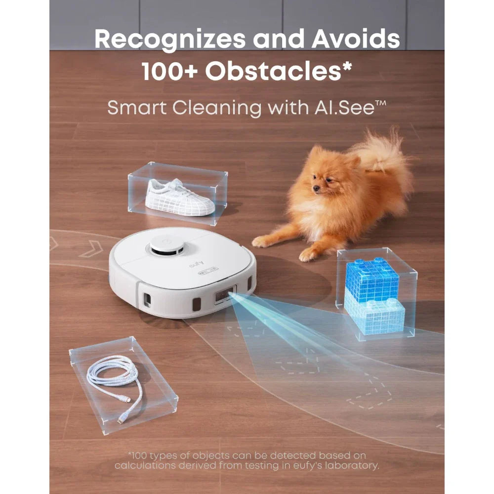 Eufy X10 Pro Omni robot vacuum avoiding obstacles including a dog, shoe, cable, and blocks on wood floor.