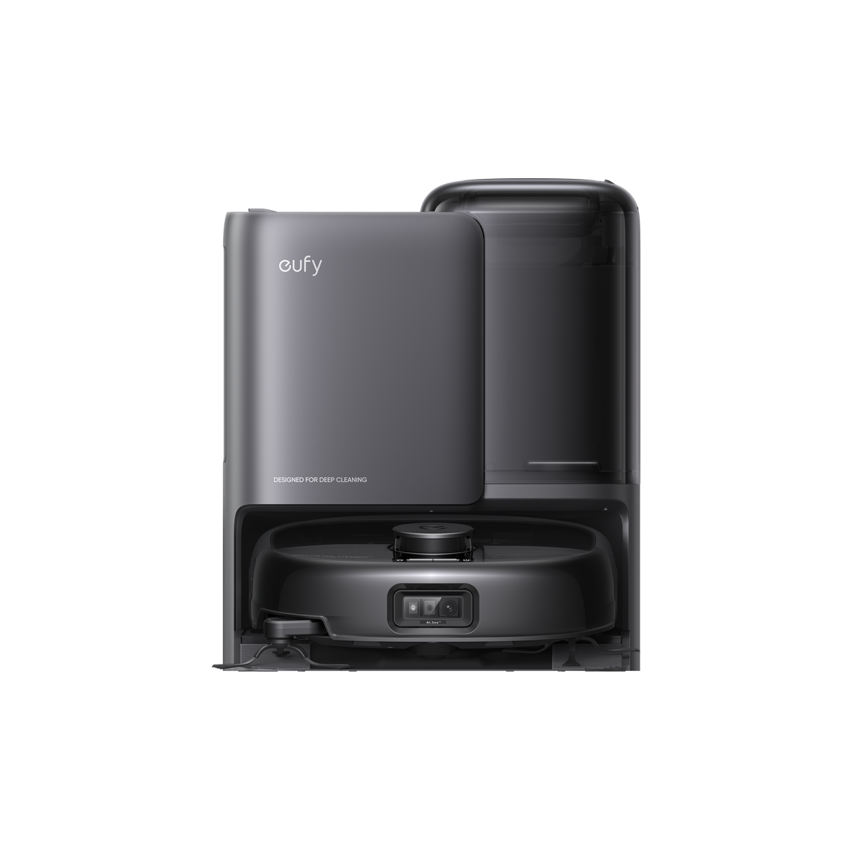 Eufy Omni E25 robot vacuum and mop in black with self-cleaning docking station, front view on white background.