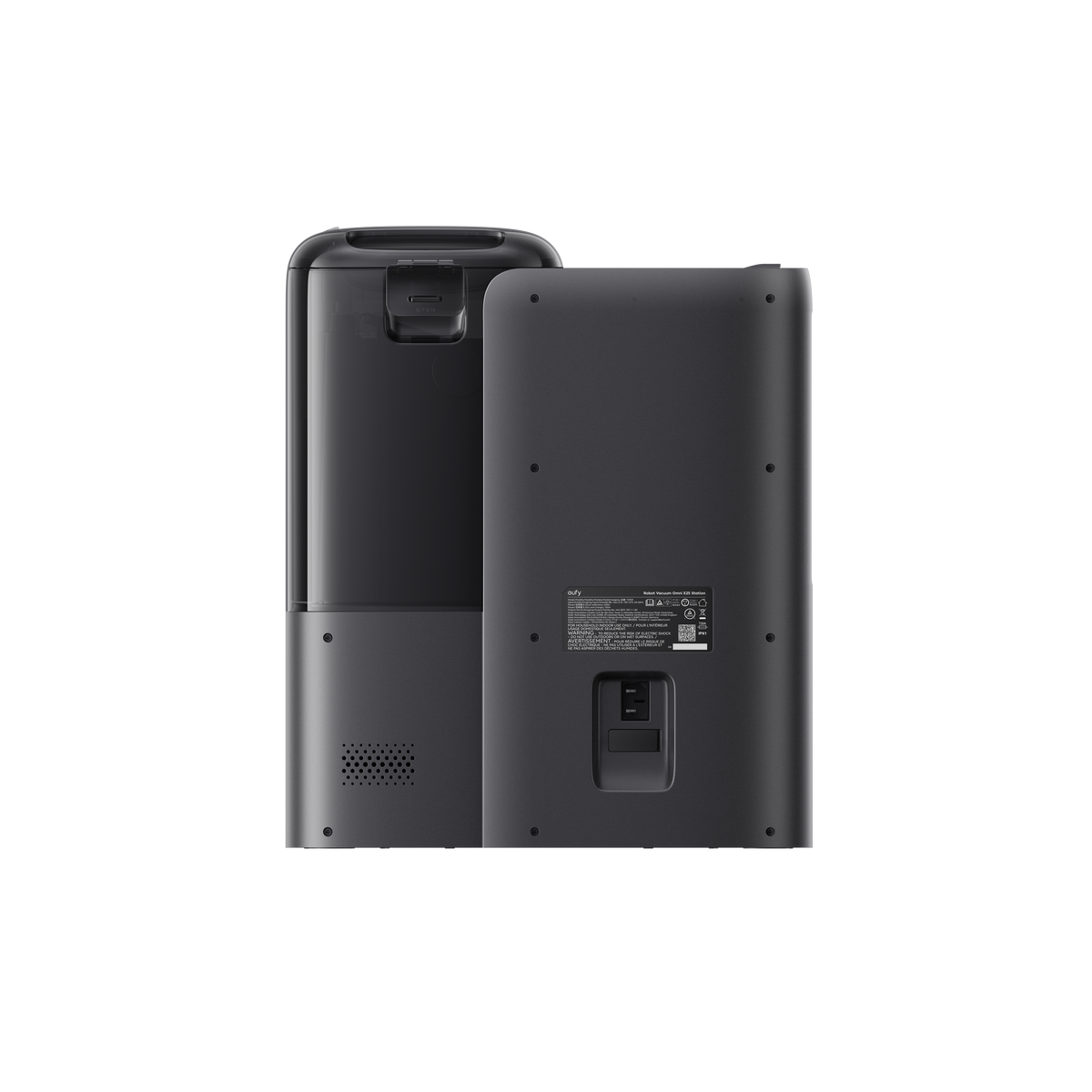 Eufy Robot Vacuum Omni E25 showing front and back views with power port and dustbin compartment visible.