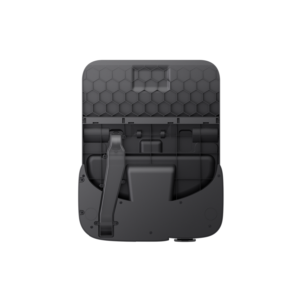 Bottom view of the Eufy Robot Vacuum Omni E25 showing wheels and hexagonal pattern on the underside panel.