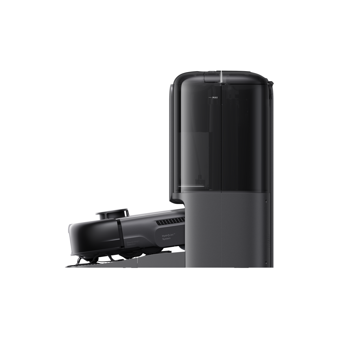 Eufy Robot Vacuum Omni E25 showing side view with transparent dustbin and charging dock base.