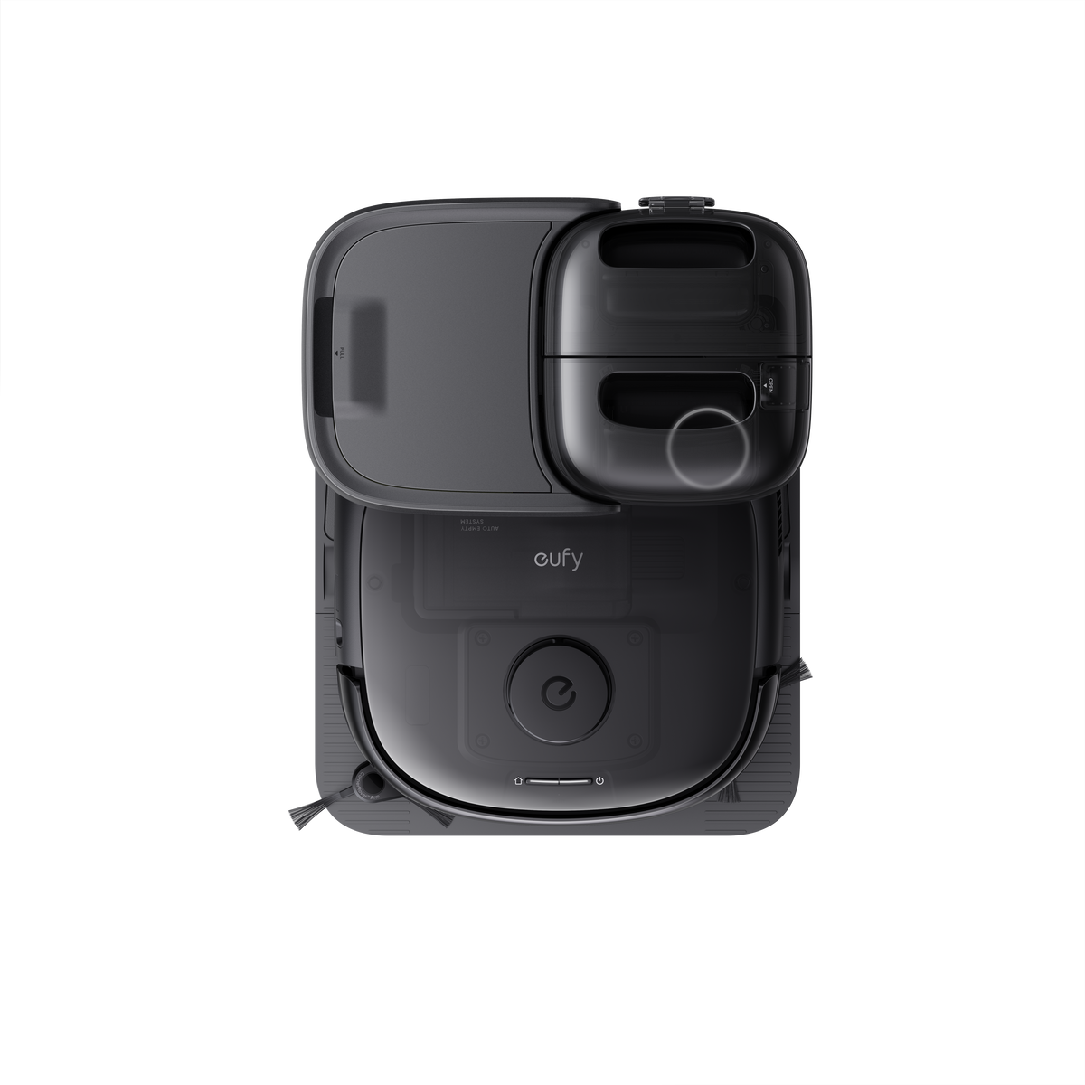 Top view of the black Eufy Robot Vacuum Omni E25 showing its dustbin and side brushes on the cleaning base.