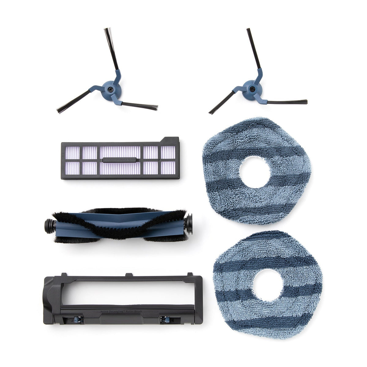 Eufy X10 Pro Omni replacement kit with roller brush, side brushes, filter, mop pads, and brush guard on white background.