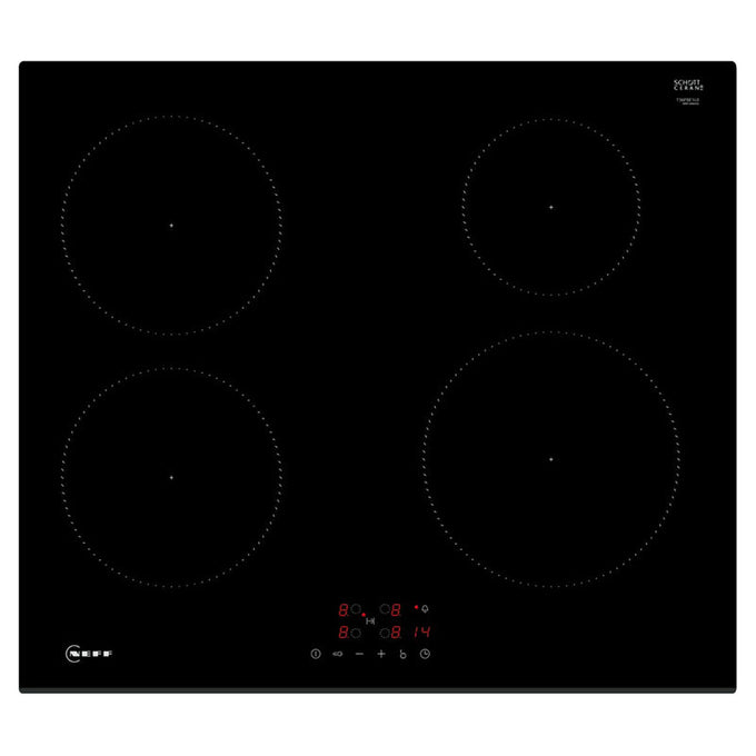 Neff N30 60cm black built-in induction hob with 4 zones, touch control, power boost, safety lock – available at Kean’s