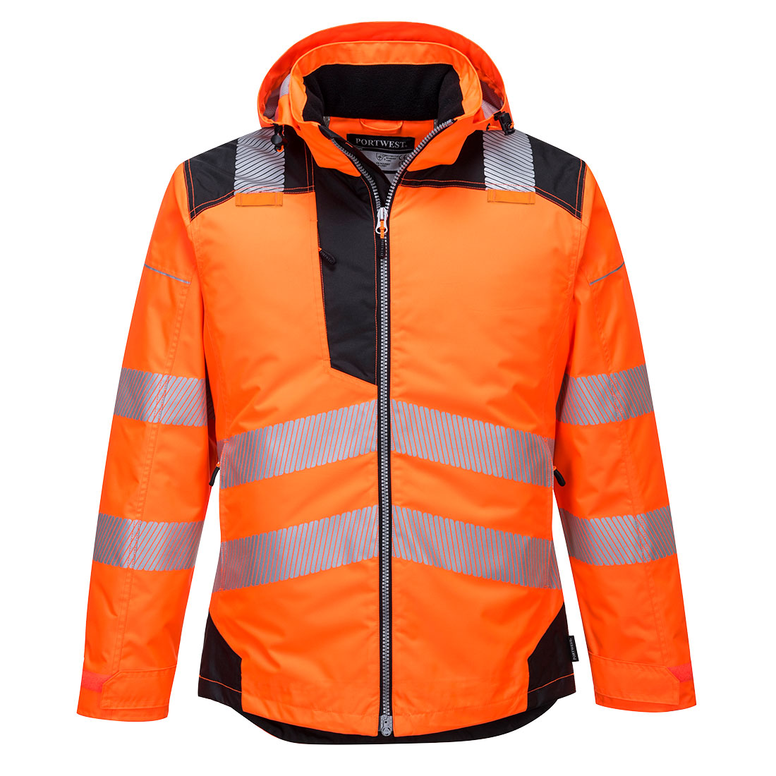 Portwest Hi-Vis Jacket in orange and black with reflective tape, front zipper, and detachable hood.
