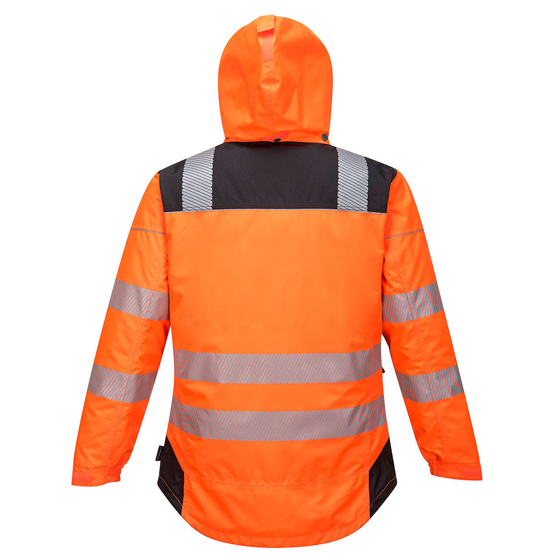 Back view of Portwest Hi-Vis Jacket in orange with black panels and reflective stripes on sleeves and back