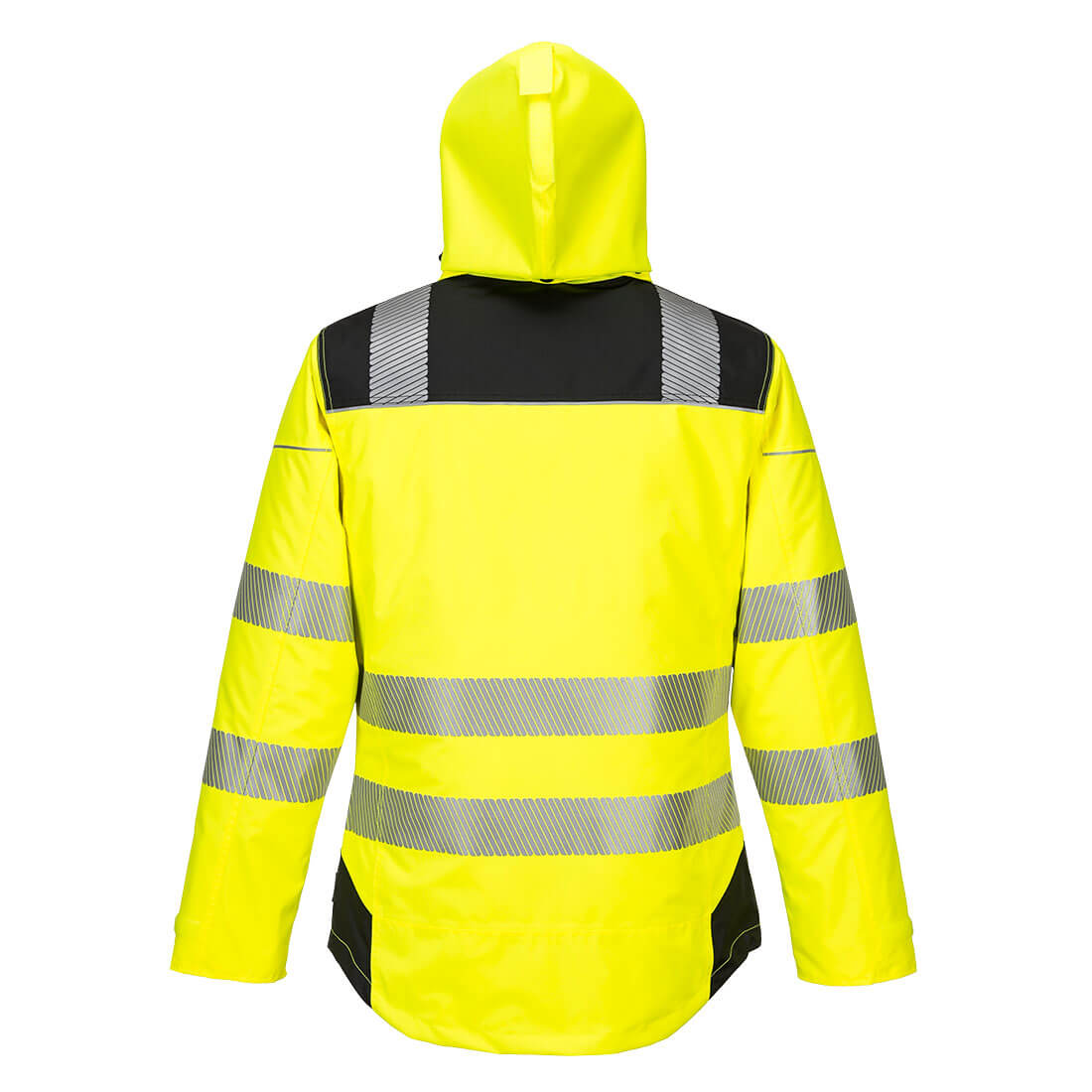 Back view of Portwest High-Vis Winter Jacket in yellow with reflective stripes and black shoulder panels.