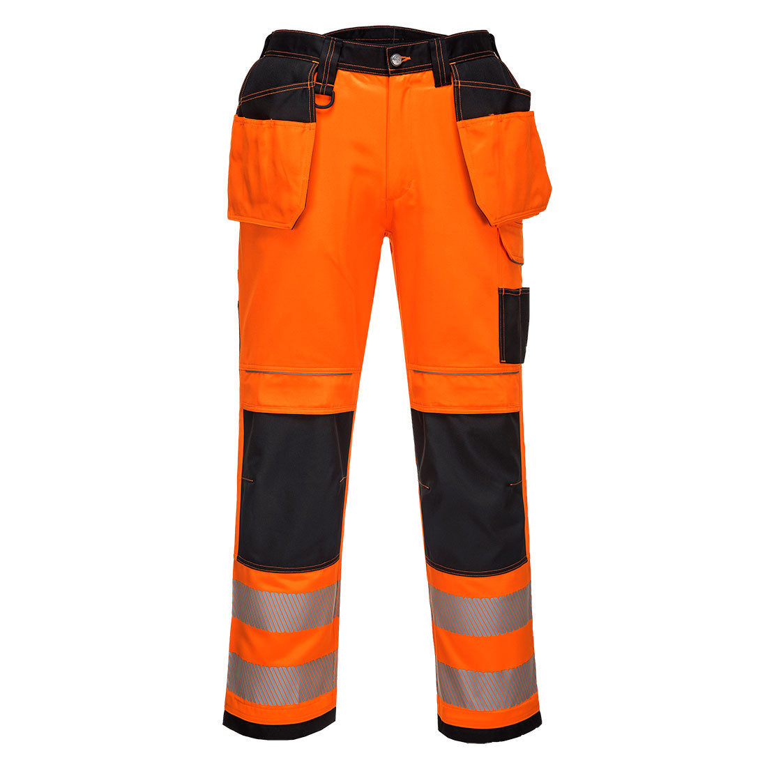 Portwest PW3 Hi-VIS Holster Trousers in orange and black with multiple pockets and reflective leg bands.